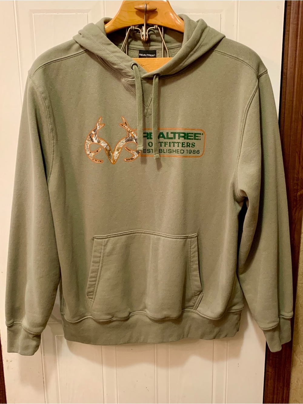 Realtree Outfitters Mens L Sage Green Pullover Hoodie Camo Antler Est 1986